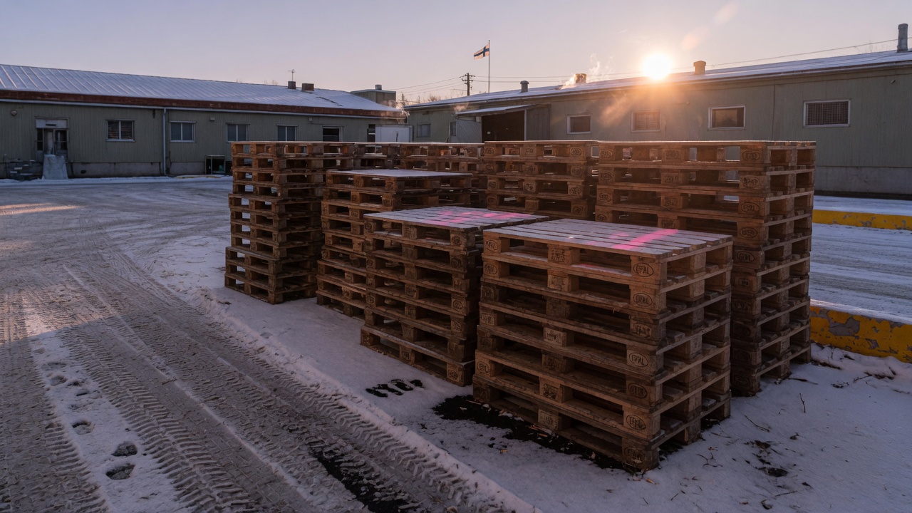 Kuormalavanippuja talvisella teollisuuspihalla
