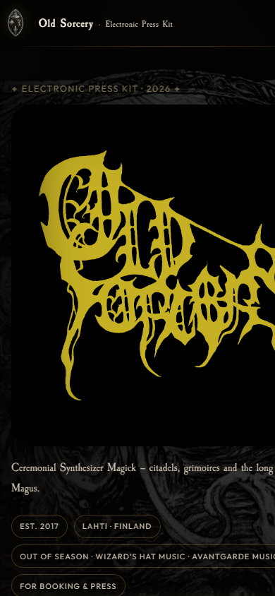 Old Sorcery -press kitin etusivu puhelimella