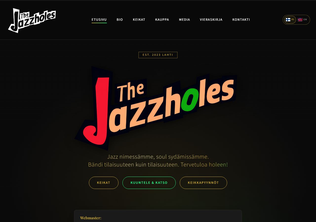 The Jazzholes -sivusto - etusivu, navigaatio ja hero (thejazzholes.fi)